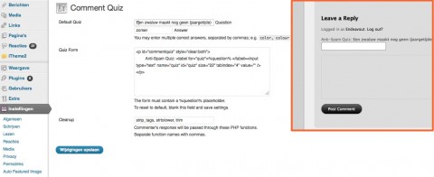 screenshot van de quiz instellingen in wordpress dashboard